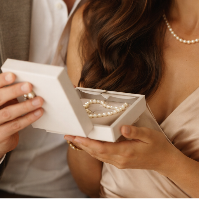 Man and woman looking at a box of pearls together