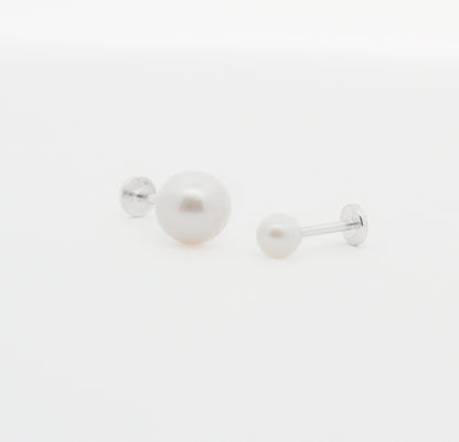 Sterling Silver Saltwater Pearl Flat Back Stud: Single 18 Gauge Hypoallergenic Labret, Comfort Labret for Helix, Conch, Tragus, and Lobe Piercings