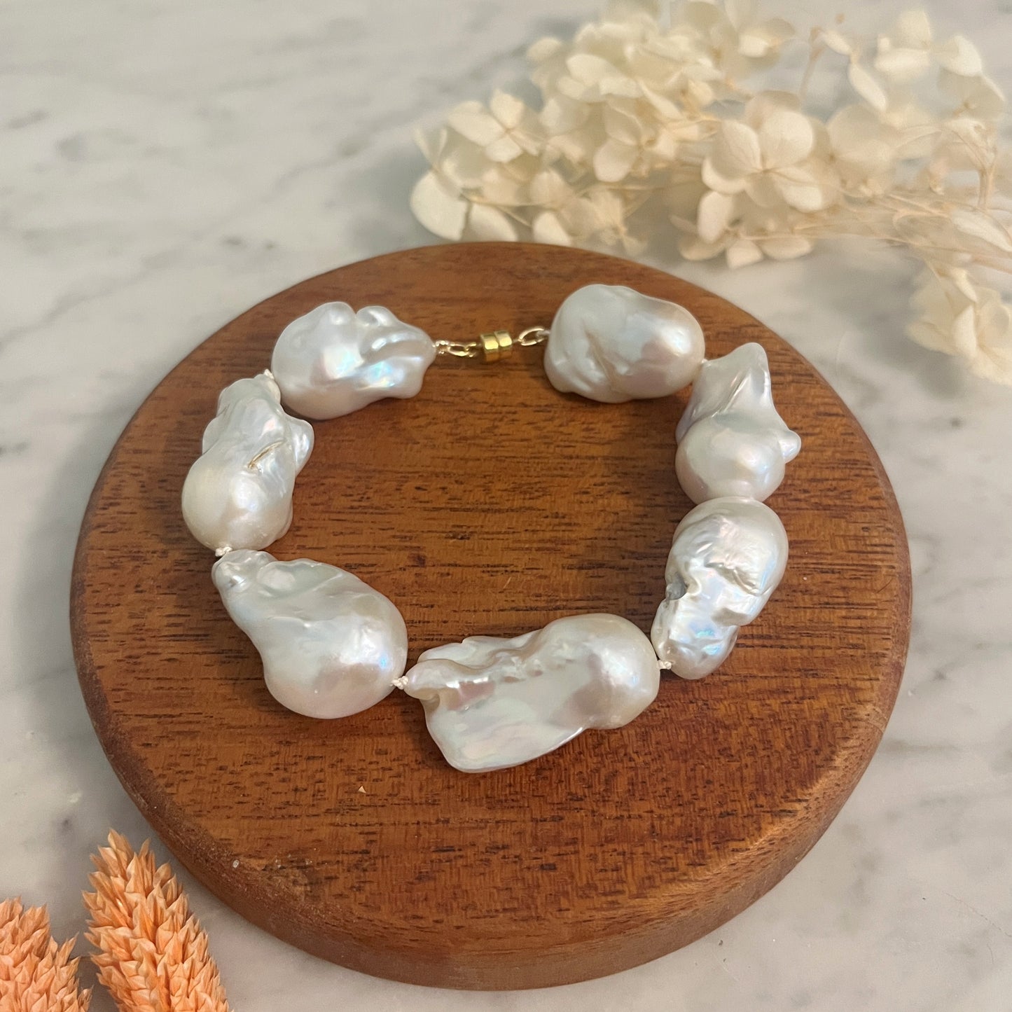 Large Baroque Freshwater Pearl Bracelet, Magnetic Clasp Pearl Bracelet, Hand Knotted Silk