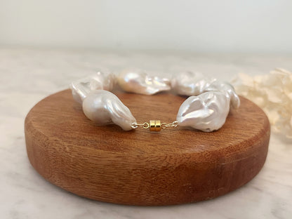 Large Baroque Freshwater Pearl Bracelet, Magnetic Clasp Pearl Bracelet, Hand Knotted Silk