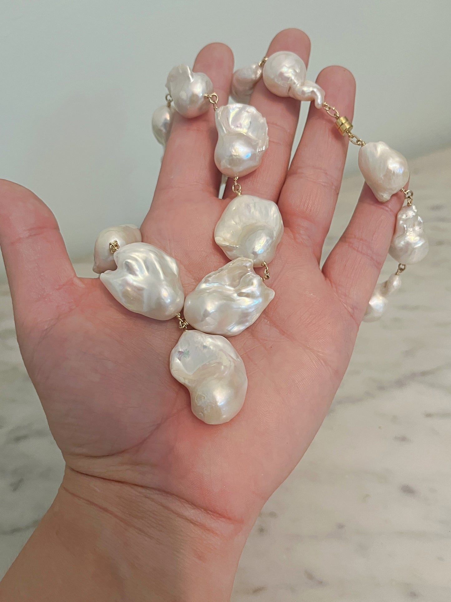 Large Baroque Pearl Chain Necklace, Graduated Baroque Pearls, 14K Gold or Sterling Silver Magnetic Clasp Necklace