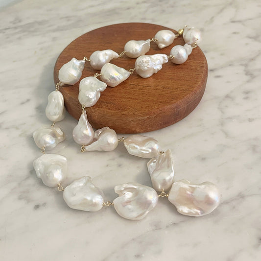 Large Baroque Pearl Chain Necklace, Graduated Baroque Pearls, 14K Gold or Sterling Silver Magnetic Clasp Necklace