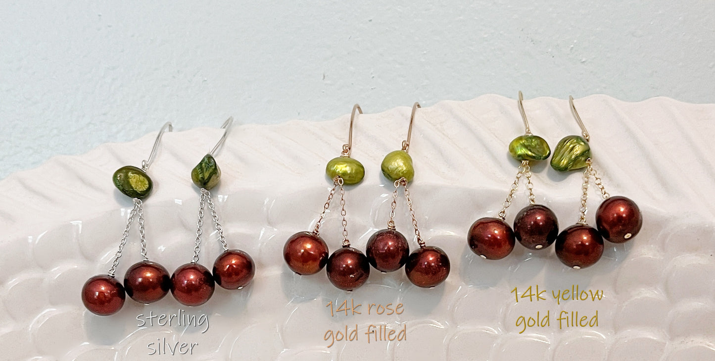 Cherry Pearl French Wire Earrings: 14K Gold or Sterling Silver Cherry Marquise Earrings made with Freshwater Pearls
