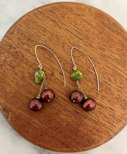 Cherry Pearl French Wire Earrings: 14K Gold or Sterling Silver Cherry Marquise Earrings made with Freshwater Pearls