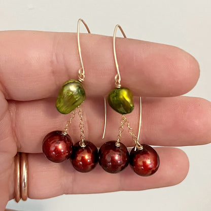 Cherry Pearl French Wire Earrings: 14K Gold or Sterling Silver Cherry Marquise Earrings made with Freshwater Pearls