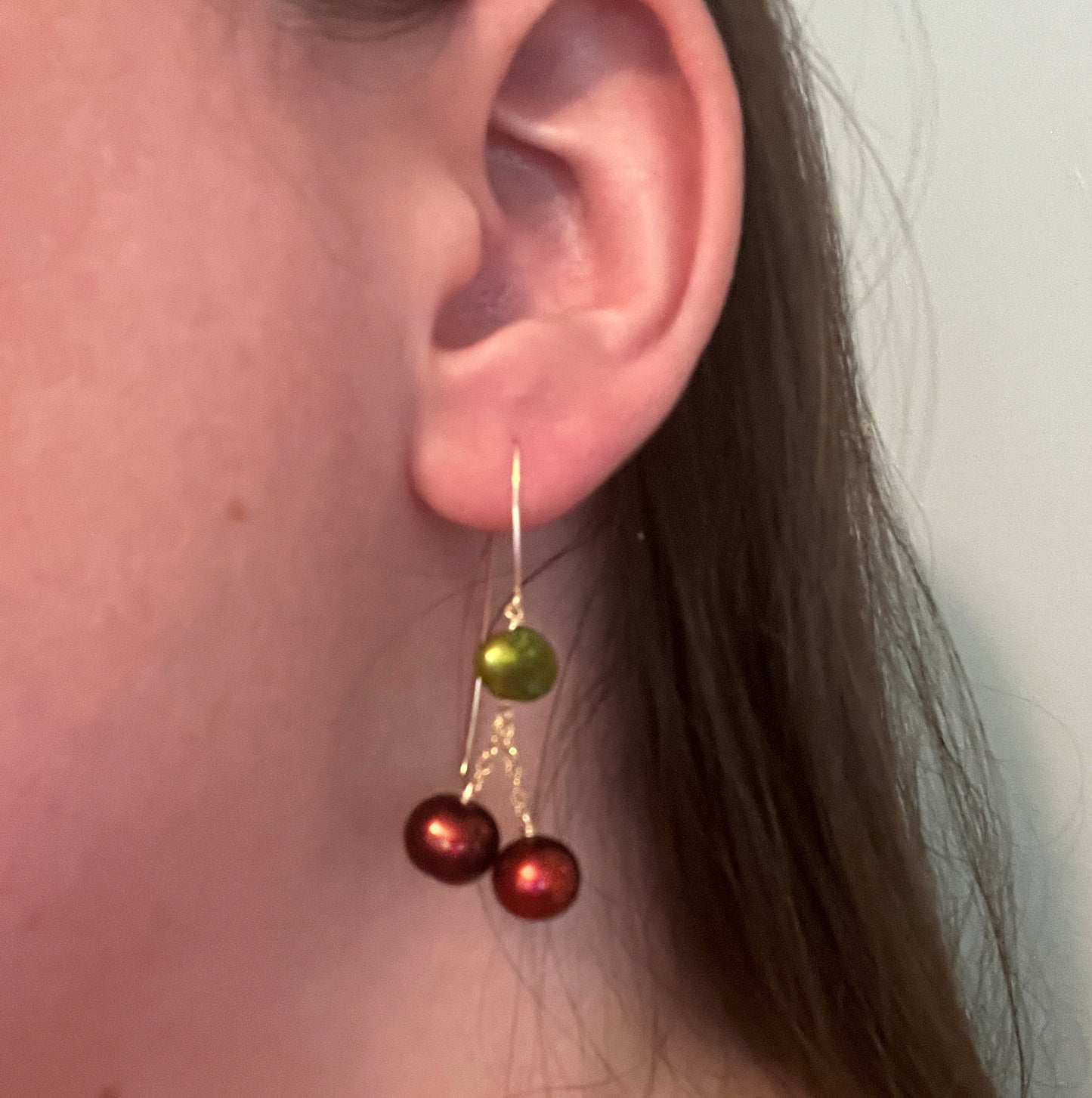 Cherry Pearl French Wire Earrings: 14K Gold or Sterling Silver Cherry Marquise Earrings made with Freshwater Pearls