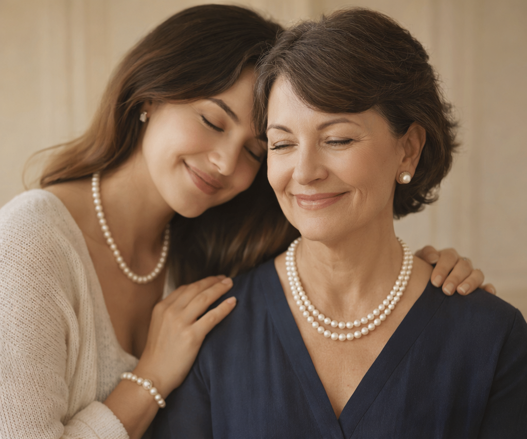 Mother and daughter wearing matching pearl jewelry