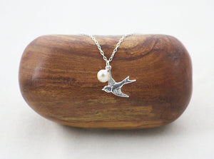 Silver Bird Necklace, Dove Necklace, Sterling Silver Pearl Necklace, Dainty Bird Necklace, Dove Charm Necklace, Peaceful Necklace