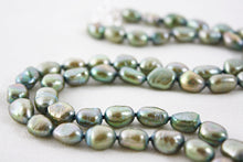 Load image into Gallery viewer, Sage Green Pearl Necklace, Long Pearl Necklace, Sage Green Wedding Necklace, Olive Pearl Necklace, Green Beaded Necklace, Freshwater Pearls

