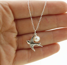 Load image into Gallery viewer, Silver Bird Necklace, Dove Necklace, Sterling Silver Pearl Necklace, Dainty Bird Necklace, Dove Charm Necklace, Peaceful Necklace
