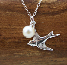 Load image into Gallery viewer, Silver Bird Necklace, Dove Necklace, Sterling Silver Pearl Necklace, Dainty Bird Necklace, Dove Charm Necklace, Peaceful Necklace
