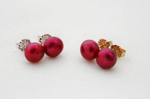 Red Pearl Studs, Cranberry Red Pearl Earrings, Red Freshwater Pearl Earrings, Red Pearl Post Earrings, 14K Gold Studs, Sterling Silver Studs