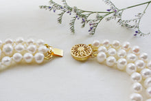 Load image into Gallery viewer, three strand pearl necklace filigree clasp

