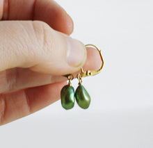 Load image into Gallery viewer, Sage Green Pearl Earrings, Sage Green Drop Earrings, Sage Green Bridesmaid Earrings, Sage Green Wedding Earrings, Baroque Freshwater Pearls
