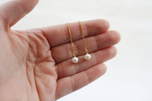 Pearl Ear Threader, Sterling Silver Ear Threader, Real Pearl Ear Threads, Tiny White Pearl Earrings, Pearl Chain Earrings, Freshwater Pearl