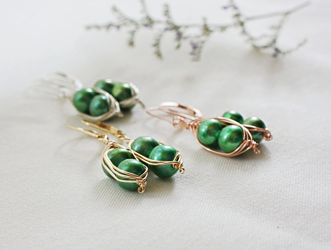 Pea Pod Earrings, Freshwater Pearl Pea Pods, Pea Pod Drop Earrings, Silver Pea Pod, 14K Gold Pea Pod, Dangling Pea Pod Earrings