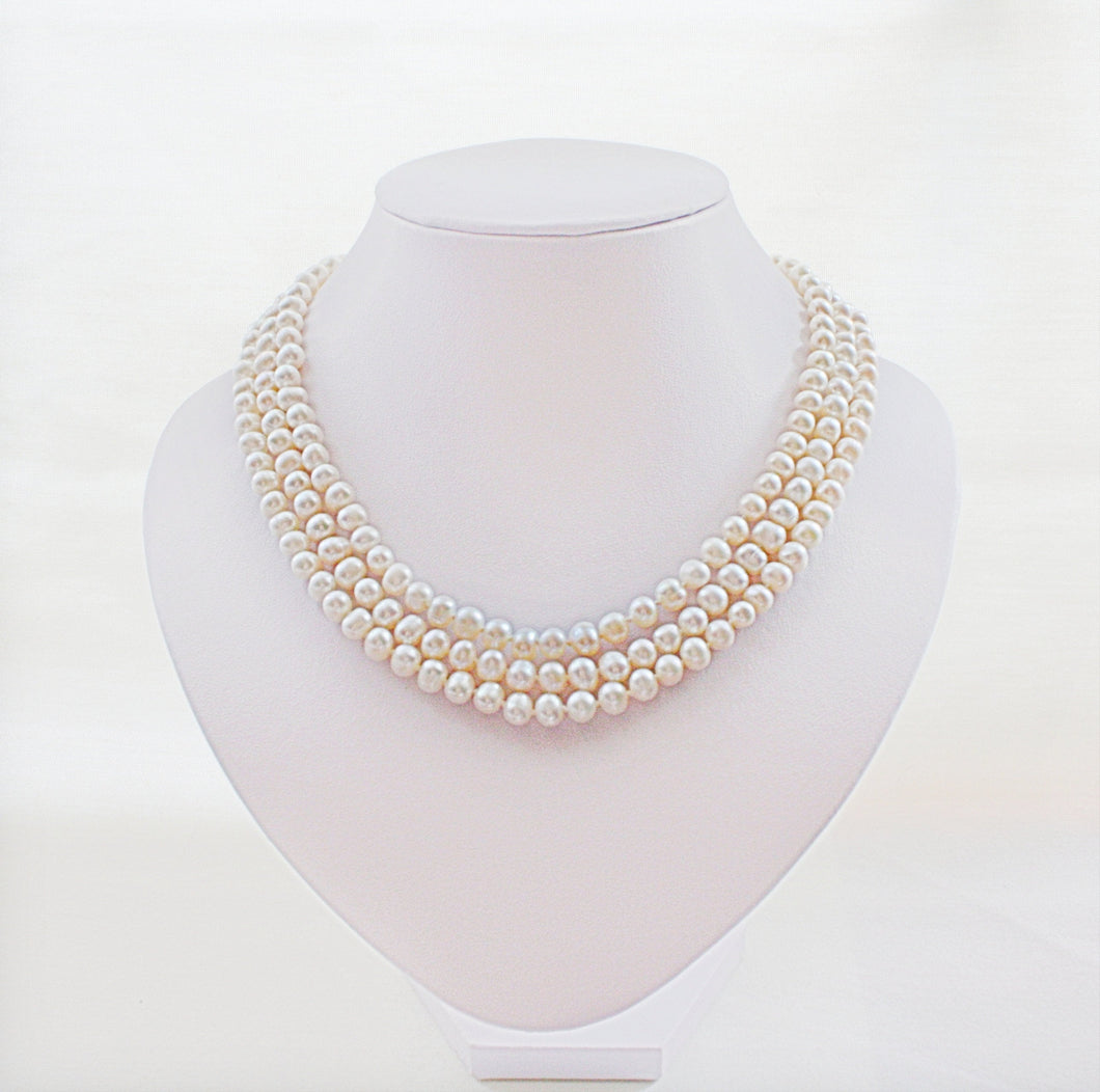 3 Strand Pearl Necklace, Multistrand Pearl Necklace, 3 Strand Wedding Necklace, Pearl Necklace for Bride, Triple Stand Pearl Necklace