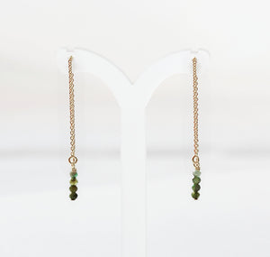 Tiny Emerald Earrings, 14K Gold Filled, May Birthstone Earrings, Emerald Drop Earrings, Threader Earrings, Emerald Jewelry, Natural Emerald