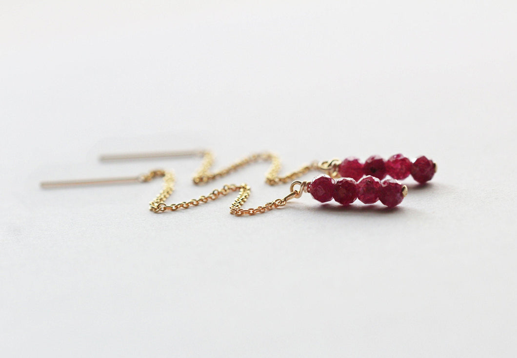 Red Ruby Earrings, 14K Gold, Genuine Ruby Earrings, July Birthstone Earrings, Ruby Threader Earrings, Ruby Drop Earrings, Natural Rubies