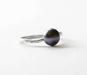 Black Pearl Ring, Sterling Silver Ring, Pearl Engagement, Real Pearl Ring, Black Pearl Jewelry, Cultured Pearl Ring, Black Freshwater Pearl